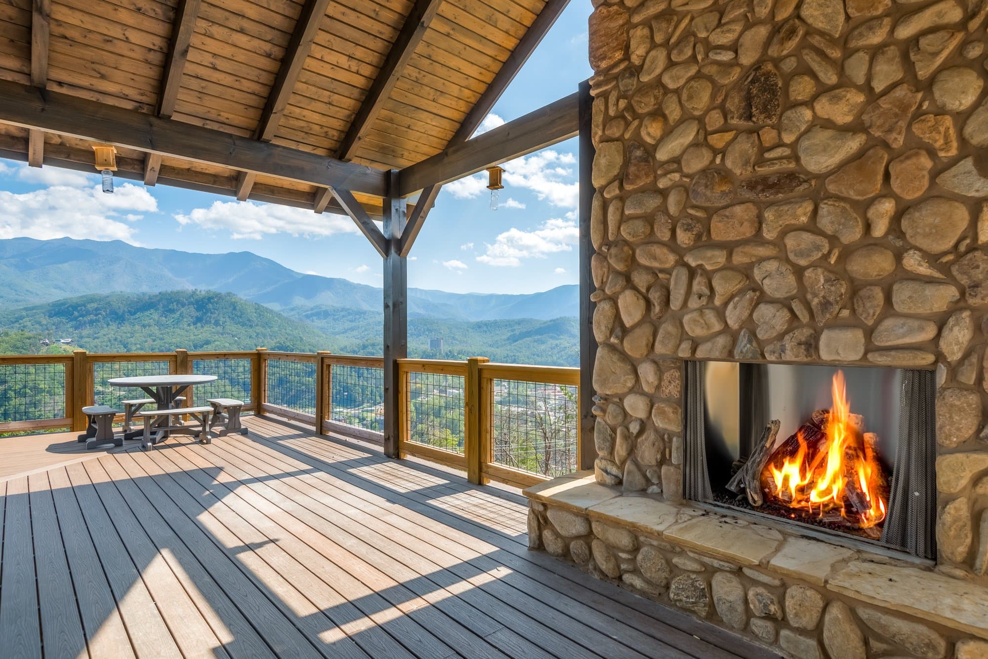 Covered deck with outdoor fireplace